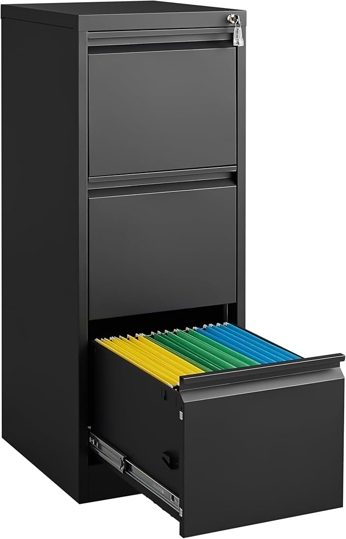 3 Drawer File Cabinet with Lock Metal Vertical Storage Cabinet for Home Office Narrow Steel File Organizer for Letter and Legal Size Documents (Black)