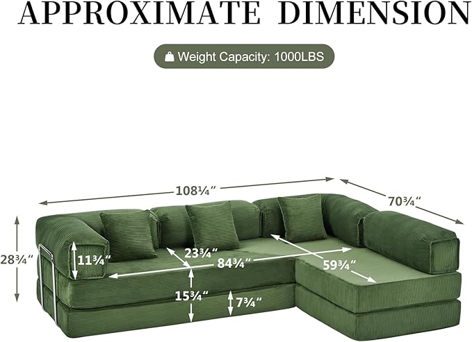 Furnimart 108 Convertible L-Shape Sofa with Cylindrical Pillow Comfy Foldable Compressed Sofa Bed Boneless Floor Sofa Lounge Couch for Living Room Bedroom No Assembly Required Green