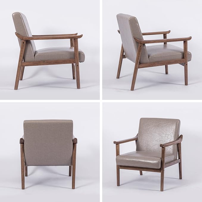 UNICOO - PU Leather Accent Chair Armchair with Solid Wood Frame. Mid Century Modern Reading Arm Chair Sofa Chairs for Living Room Bedroom (U2120-Grey)