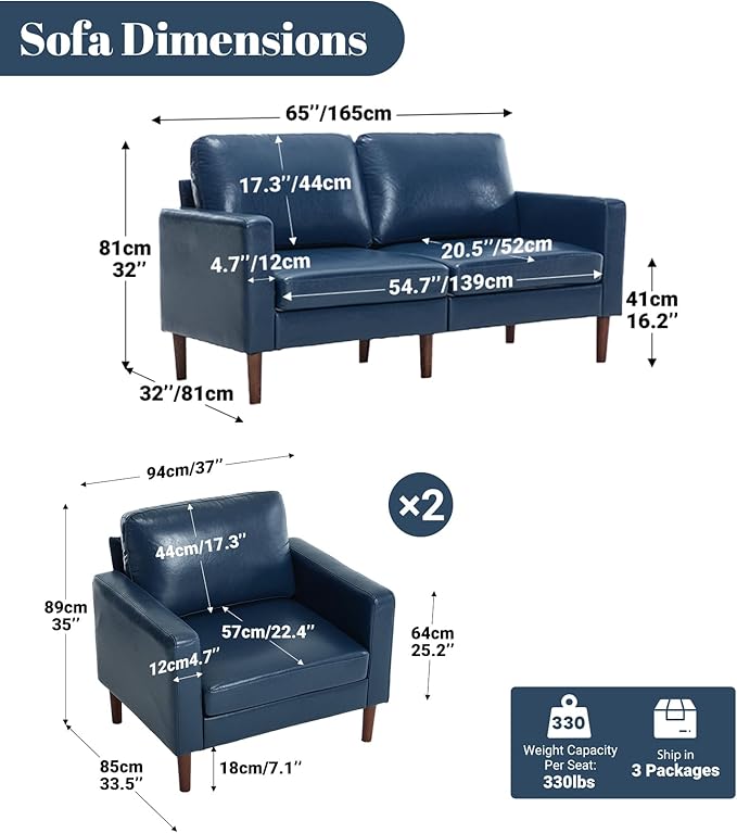Kingfun 65 Loveseat Sofa with 2 Chair Faux Leather Love Seat Couch Mid Century Modern Couch with Solid Wooden Frame for Living Room &amp Bedroom in Small Spaces Navy Blue