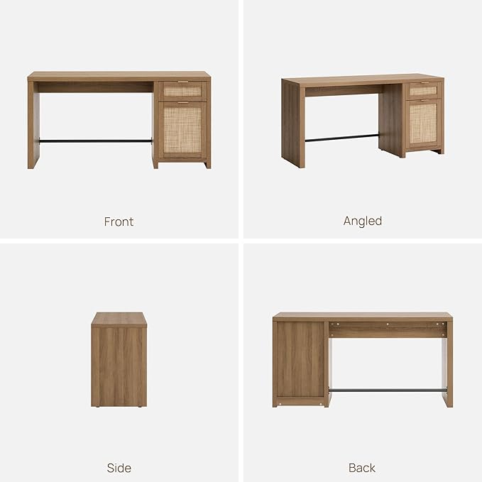 SICOTAS Rattan Executive Desk with Storage 59 Boho Home Office Desk with Cabinets and Drawers Large Computer Table Vanity Desk for Office Study Living Room Oak