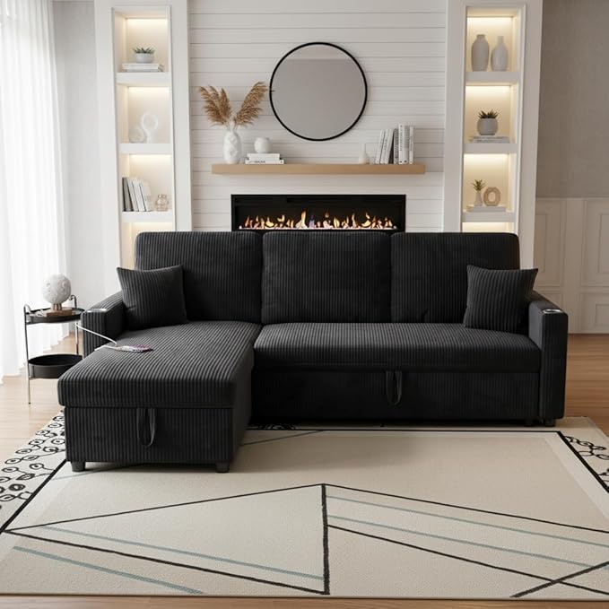 83 Sleeper Sectional Sofa Comfy Convertible Sofa Bed with Pull Out Couches Small Desktop Corduroy L Shaped Couch with Reversible Storage Chaise &amp USB for Living Room Apartment Black
