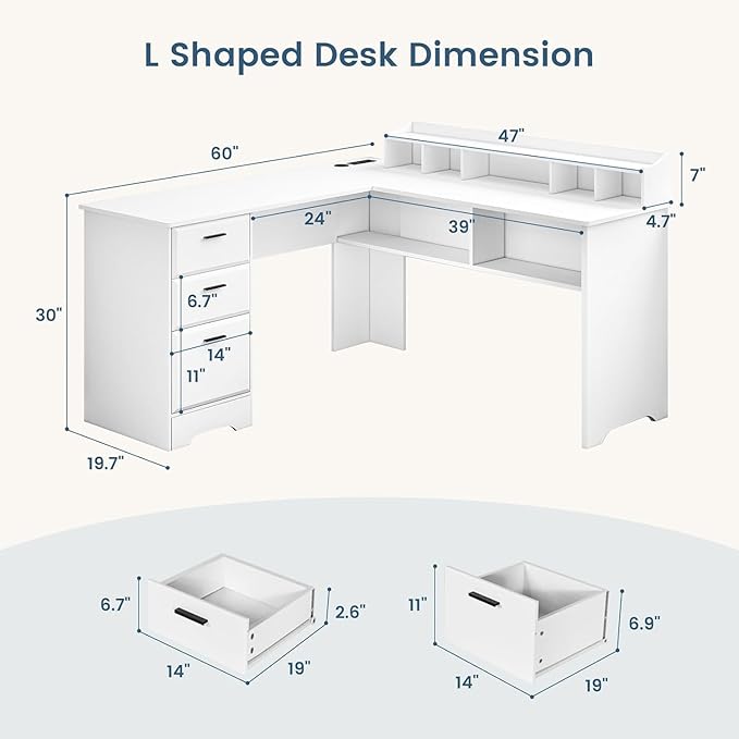 White L Shaped Desk with 3 Drawers 60 inch L Desk with Moveable Hutch and Power Outlet Large Home Office Corner Computer Desk with Storage File Cabinet