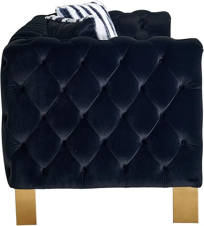 Chesterfield Modern Tufted Velvet Living Room Sofa with High Armrest and Metal Legs Decor 84.25''W 3 Seater Couch Couches Furniture for Bedroom Office (Black)