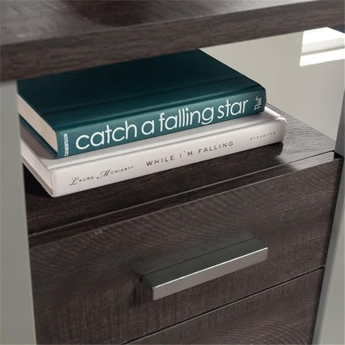 Pemberly Row Contemporary Single Pedestal Desk 45 in Wide Engineered Wood and Metal Construction Blade Walnut and Silver Finish with Storage Drawers and Shelf Home Office Computer Table