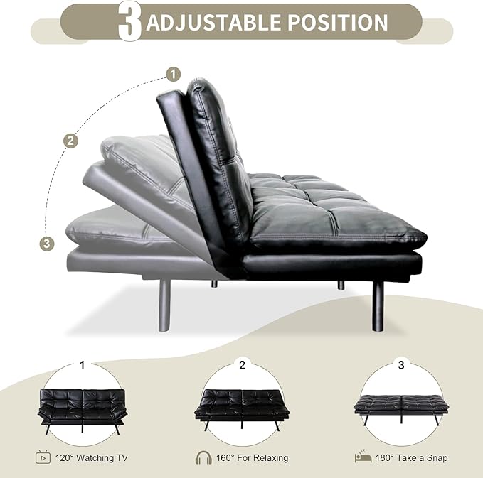 MUUEGM 71 Futon Couch Filled with Memory Foam Convertible Futon Sofa Bed with Adjustable Backrest Armrest Folding for Living Room Small Space Loveseat for Sleeper(Leather Black)