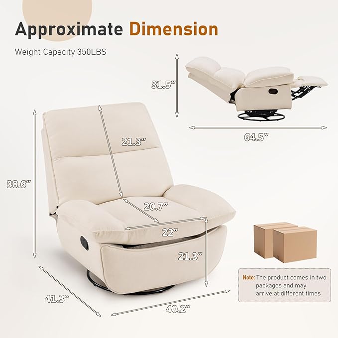 Furnimart Swivel Oversized Recliner Chair Extra Wide Manual Recliner Chair for Adults Nursery Glider Rocking Chair Comfy Reading Chair with Side Storage for Living Room Bedroom Chenille Beige