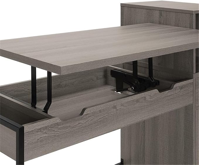 Pemberly Row Lane Worksmart Sit-to-Stand Desk Farm Oak Engineered Wood Adjustable Height with Hutch 54 W x 20.25 D x 42.5 H Storage Shelves Desk Drawer Home Office Organization