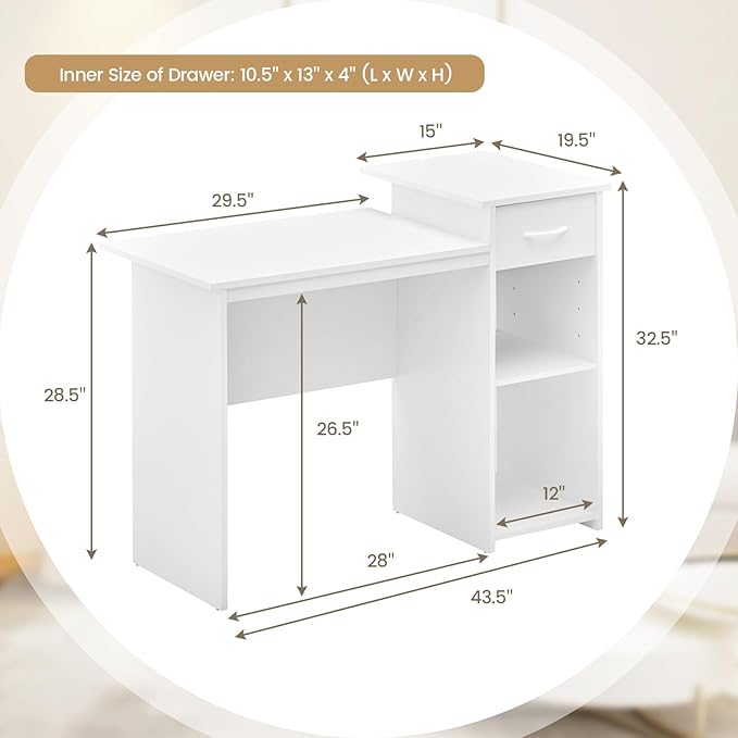 Tangkula White Desk with Drawer Modern Computer Desk with Adjustable Shelf &amp Cable Hole Compact Writing Study Desk Wooden Computer Workstation for Home or Office White