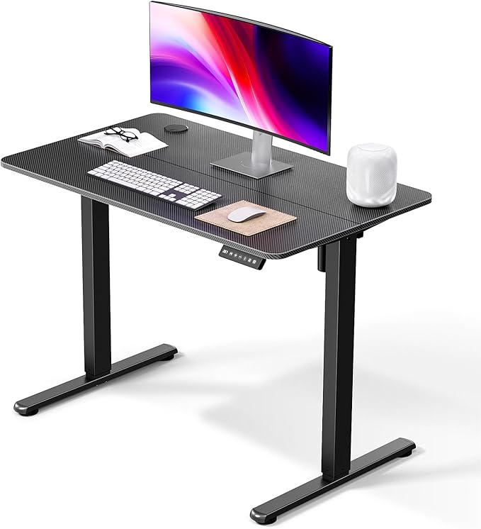 Small Electric Standing Desk 40 x 24 Inches Height Adjustable Sit Stand Computer Desk Home Office with Memory Presets (Spliced DesktopCarbon Fiber Black)