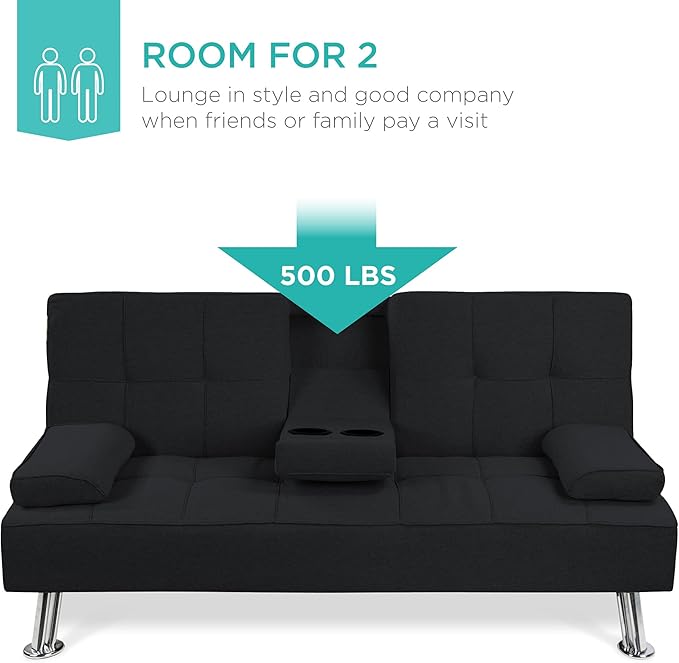 Best Choice Products Linen Modern Folding Futon Reclining Sofa Bed for Apartment Dorm w/Removable Armrests 2 Cupholders - Black