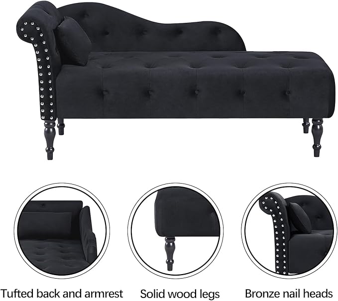 60 Modern Velvet Chaise Lounge Indoor Upholstered Chair with Left Armrest and Lumbar Pillow Button Tufted Lounge Sofa for Living Room Bedroom Office Mini Chaise Longue Sofa (Black)