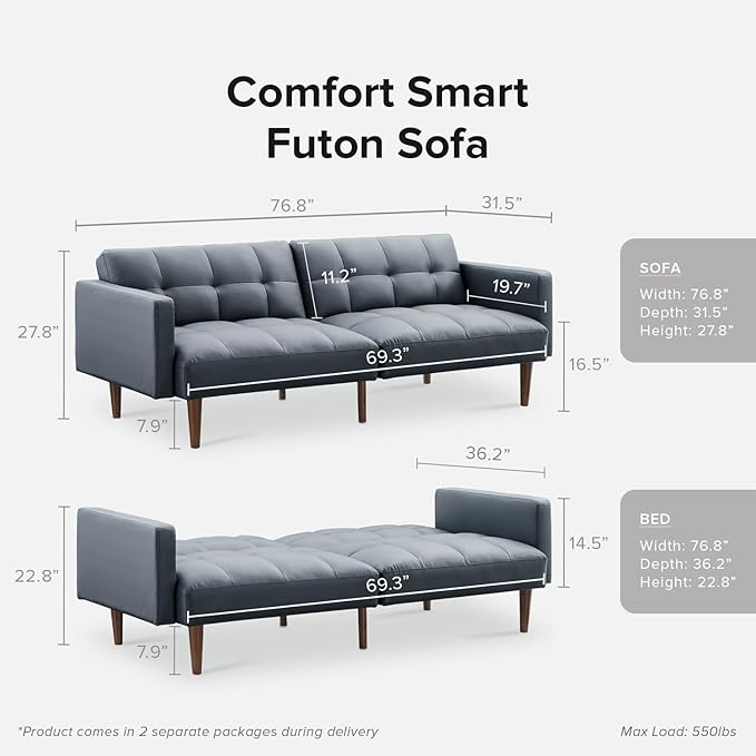 mopio Aaron 76.8 Couch Small Futon Sofa Bed Sleeper Loveseat Mid Century Modern Futon Couch Sofa Cama Couches for Living Room Bedroom (Cloud Gray Faux Leather)
