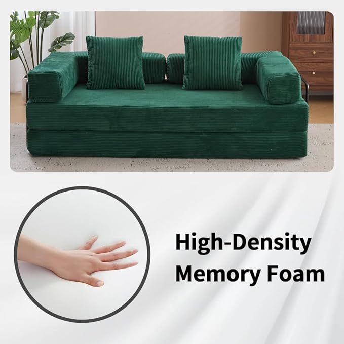 77 Convertible Sleeper Sofa Bed with Fixed-Shape Frame Modern Corduroy Folding Boneless Couch with 2 Pillows Comfy Floor Sofa Couch for Living Room No Assembly Required Emerald Green