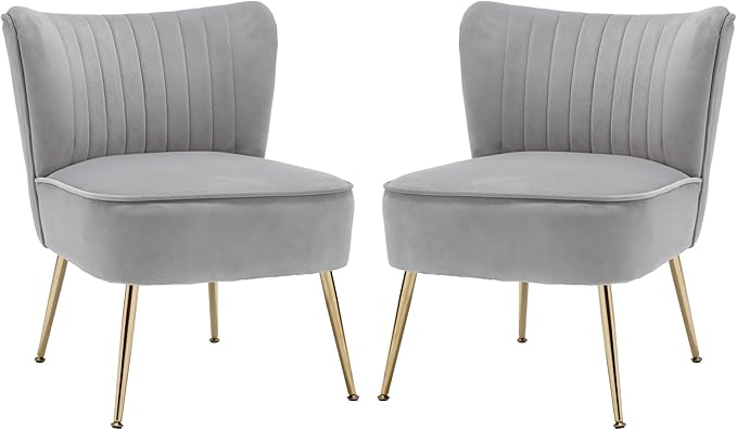 Velvet Accent Chair Set of 2 Comfy Upholstered Side Chair with Gold Metal Legs and Padded Seat Modern Small Corner Armless Living Room Chairs with Wing Back Light Gray