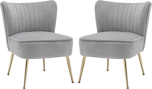 Velvet Accent Chair Set of 2 Comfy Upholstered Side Chair with Gold Metal Legs and Padded Seat Modern Small Corner Armless Living Room Chairs with Wing Back Light Gray