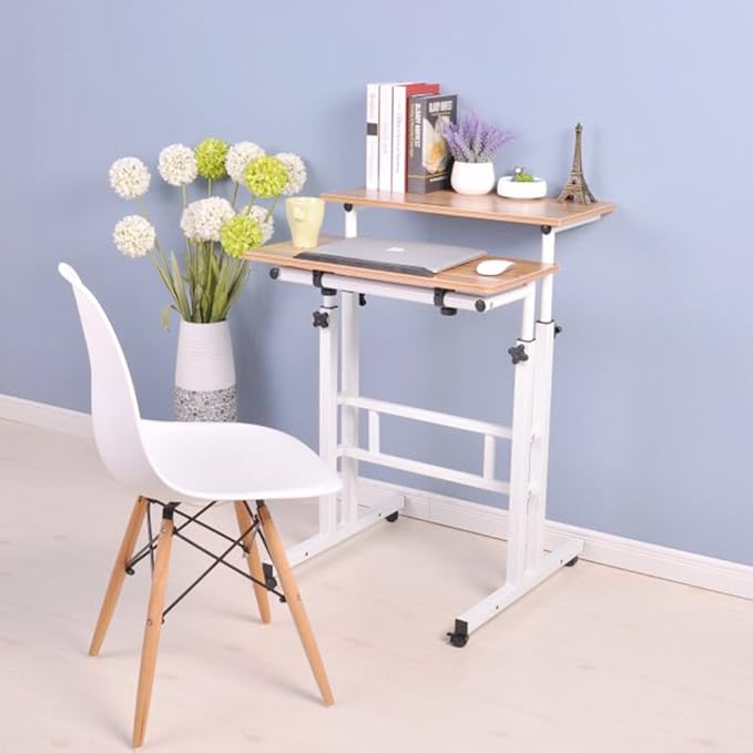 soges Mobile Standing DeskAdjustable Height Roling Sit-Stand Desk Small Standing Computer Desk Workstation on Wheels Sit Stand Up Desk for Home Office Oak