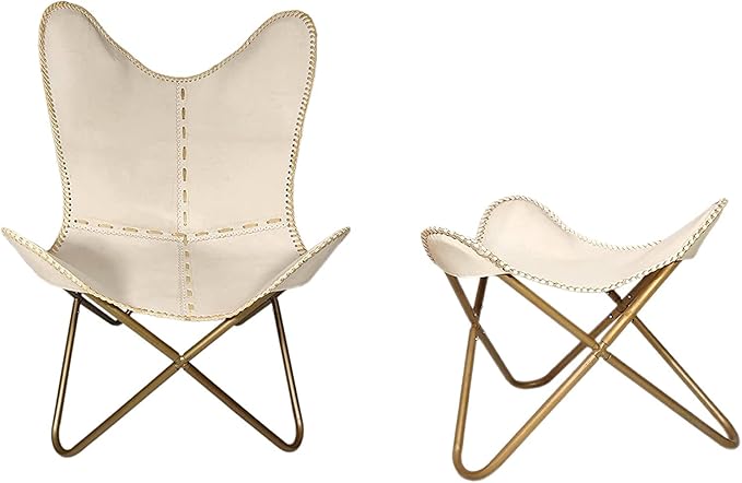 PLW Handmade Leather Butterfly Chair with Matching Ottoman – Beige Seat &amp Golden Folding Iron Frame Vintage Lounge Accent Chair for Living Room Bedroom or Office