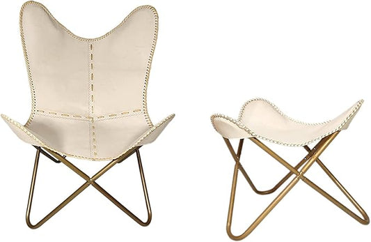 PLW Handmade Leather Butterfly Chair with Matching Ottoman – Beige Seat &amp Golden Folding Iron Frame Vintage Lounge Accent Chair for Living Room Bedroom or Office