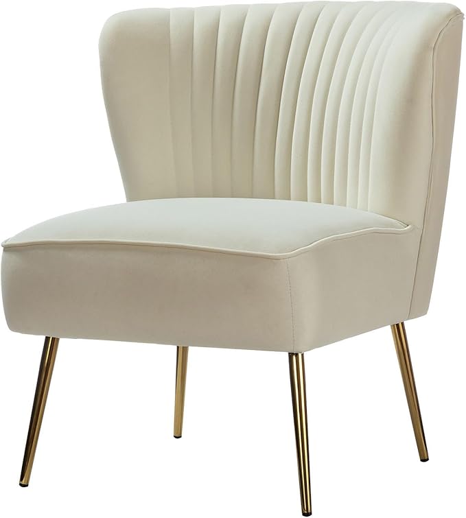 TINA'S HOME Velvet Accent Chair Set of 2 with Metal Golden Legs Upholstered Armless Slipper Chair with Wingback Mid Century Side Chair for Living Room Bedroom Vanity- Ivory