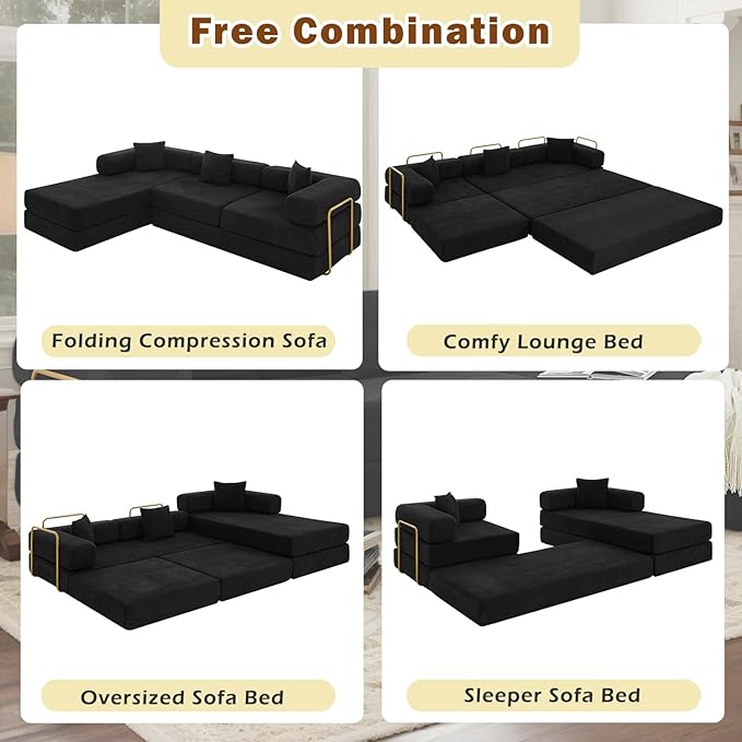 108 W Corduroy Modular Cloud Couch with Fixed-Shape Frame Oversized L-Shaped Sectional Sleeper Sofa Bed with Pull Out Bed No Assembly Modern Floor Boneless Couch for Living Room (Black)