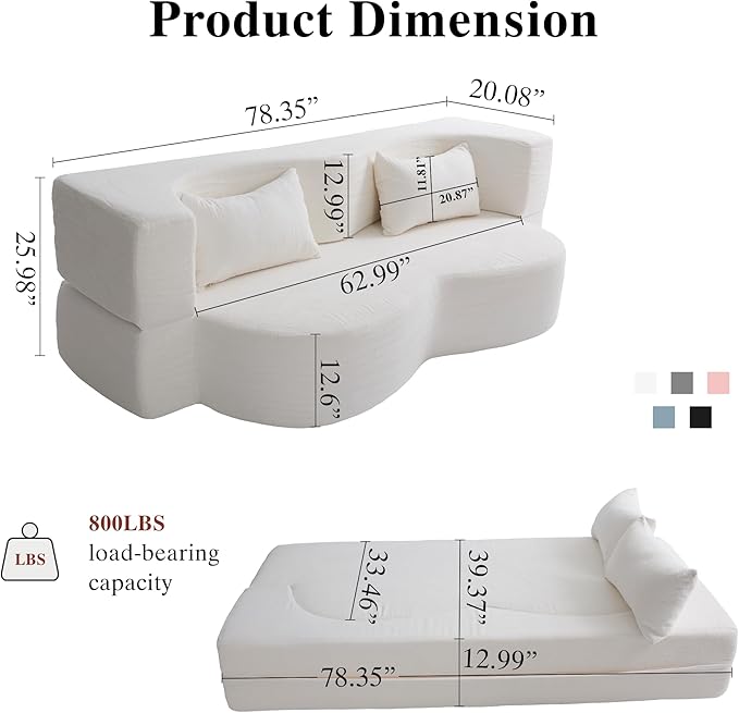 2-in-1 Folding Convertible Sofa Bed - 78 Inch Boneless Teddy Loveseat Sleeper Foldable Floor Futon Couch with Pillow Pull-Out Modular Matress for Small Spaces (Living Room/Bedroom/Dorm) (White)