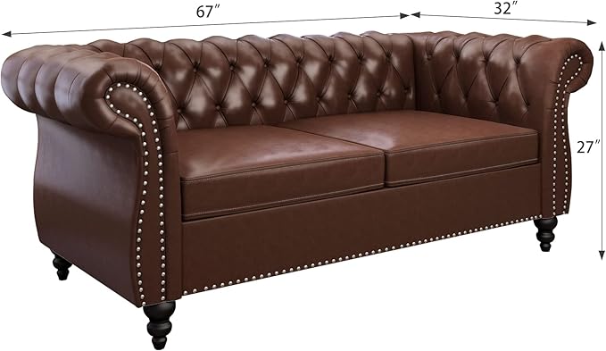 Chesterfield Loveseat Modern Faux Leather Sofa Tufted Couch 2 Seater with Rolled Arms and Nailhead for Living Room Bedroom Office Apartment (Dark Brown)