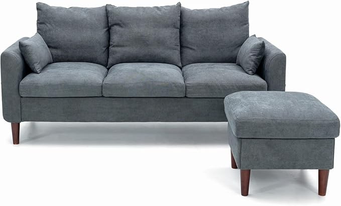 Panana Sectional Sofa Modern Deep 3-Seat Sofa Couch with Ottoman Upholstered Furniture for Living Room Apartment Studio Office (Grey Linen Curved Arms)