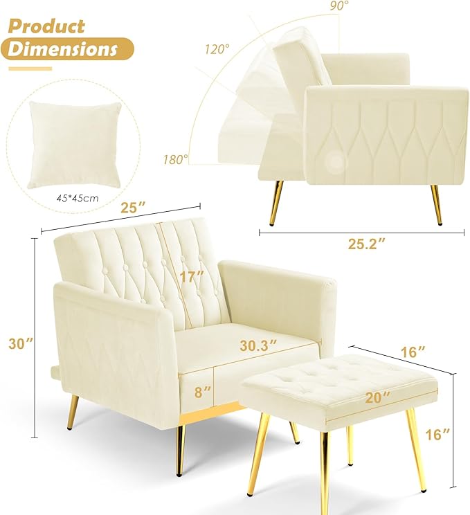 Velvet Accent Chair with Adjustable Backrest and Armrests Single Recliner Armchair with Ottoman and Golden Mental Legs for Living Room Bedroom and Waiting Room Beige