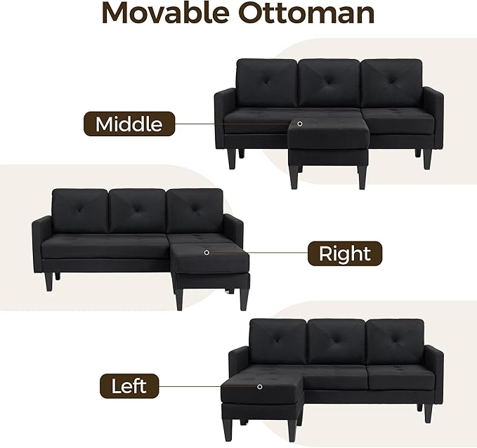 Small L Shape Couch 3 Seat Convertible Couch for Apartments with Ottoman Sectional Sofa for Small Spaces Black Modular Sleeper Sofa for Living Room Office