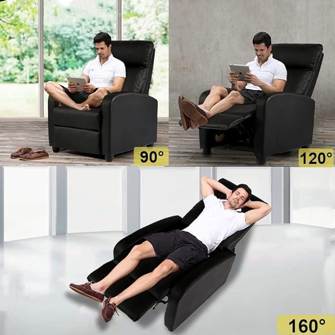 Dkeli Recliner Chair for Living Room Padded Wide Seat Sofa PU Leather Reclining Chair with Footrest &amp Backrest Wingback Heavy Duty Modern Single Sofa Home Theater Seating Easy Lounge Black