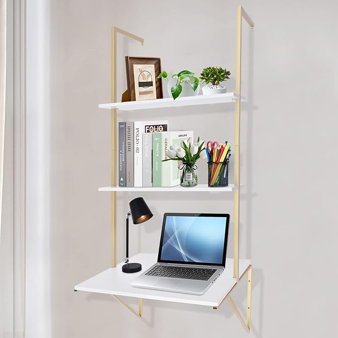 Wall Mounted Desk Floating Desk Shelf Wall Mounted Table with 3 Storage Shelves Space Saving Wall Mounted Laptop Computer Desks Ideal for Home Office Dormitory Small Spaces (White)