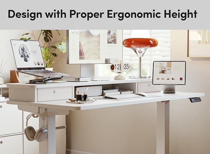 BANTI 48 x 24 Inch Electric Height Adjustable Standing Desk Ergonomic Home Office Desk with Double Drawers 4 Adjustable Feet &amp 2 Hooks Computer Workstation for Study/Office White