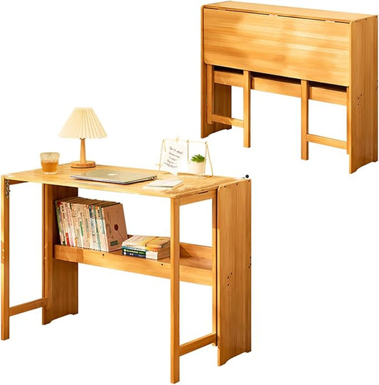 Bamboo Folding Desk Computer Desk with Storage Shelf Wood Writing Desk Home Office Desks for Bedroom Living Room Dormitory Small Space (Wood Color)