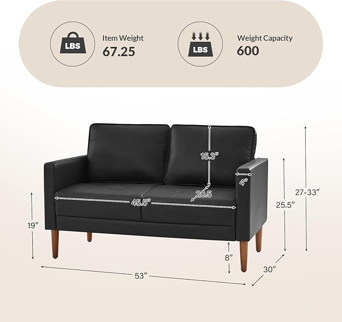 HULALA HOME Mid-Century Modern Faux Leather Loveseat Sofa with Movable Backrest Cushions Button-Tufted 2-Seater Sofa with Wooden Legs Small Love Seat Accent Couch for Living Bedroom Black