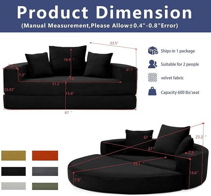 67 Round Convertible Folding Sofa Bed Boneless Couch Loveseat Floor Sleeper Chaise Lounge for Living Room Apartment Dorm Small Spaces Black