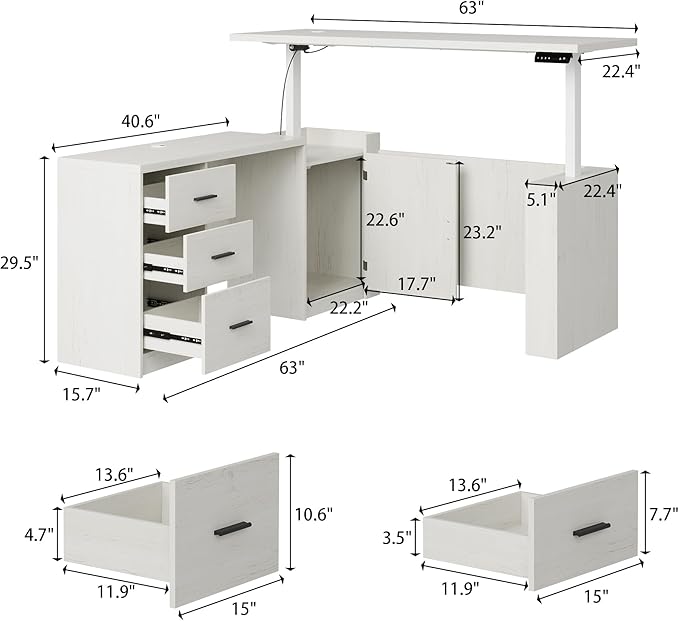 WOODTIME L Shaped Electric Standing Desk with Door &amp 3 Drawers Height Adjustable Home Office Computer Desk 63 L Stand up Corner Table Beige