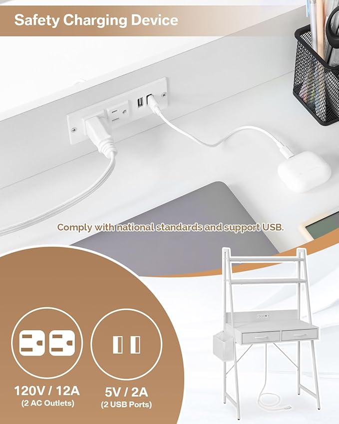 KATHY&ampBOB Small Home Office Study Desk - Freestanding Ladder Design with Fabric Drawers &amp Side Bag - Modern Vanity Makeup Desk - 2 Tier Shelf &amp Computer Gaming Station (White)