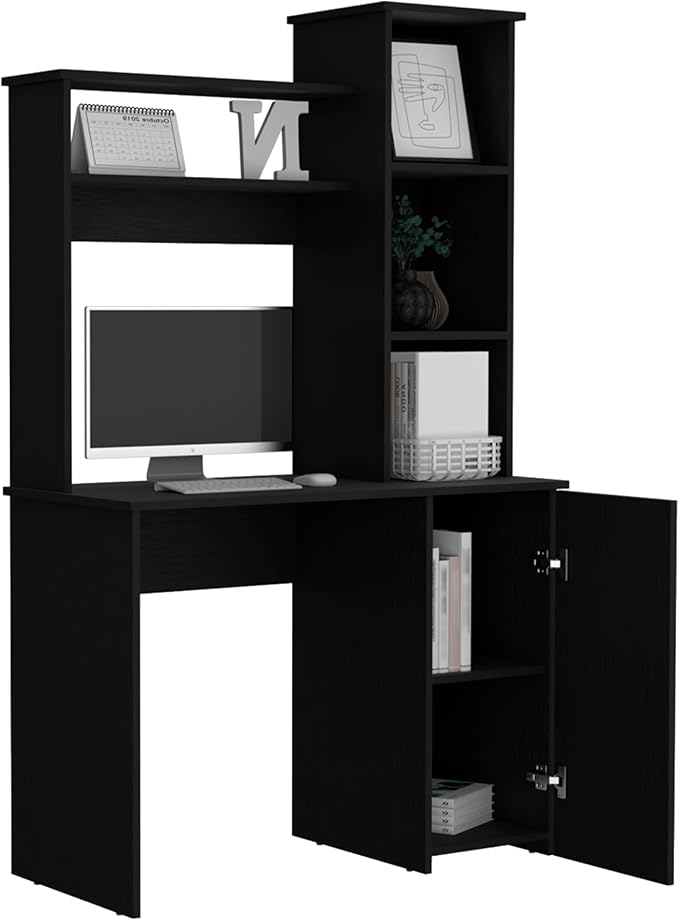 Home Office Desk Computer Desk with Hutch Single Door Cabinet Expansive Work Surface and 3-Tier Storage ShelvesBlack25.8 W x 17.7 D