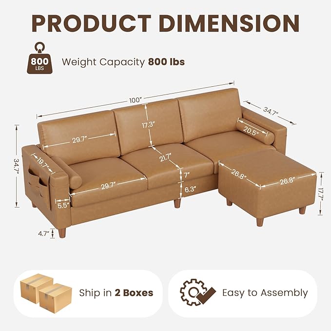 Vesgantti 100 Faux Leather Couch with Movable Ottoman 3 Seater L Shaped PU Leather Sofa with Side Pocket Comfy Mid Century Modern Modular Sectional Couch for Living Room Apartment Camel