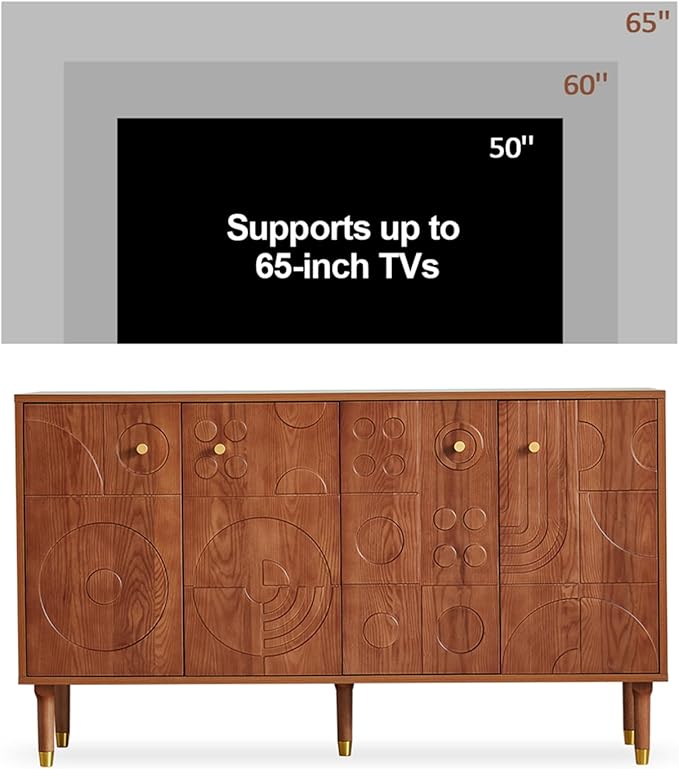 Modern TV Stand for 65 inch TV 59 Entertainment Center with Carved Geometric Doors TV Console with 4 Cabinet Storage Retro Art-Inspired Media Console for Living Room/Bedroom - Walnut