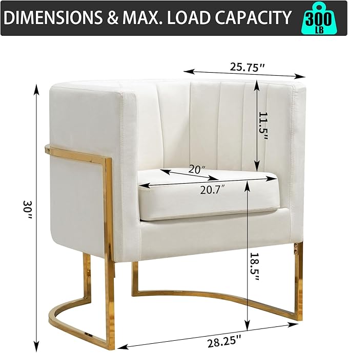 X-VOLSPORT Velvet Accent Chair Modern Barrel Arm Chair for Living Room/Bedroom/Guest Reception Upholstered Club Armchair with Pillow &amp Gold Base White