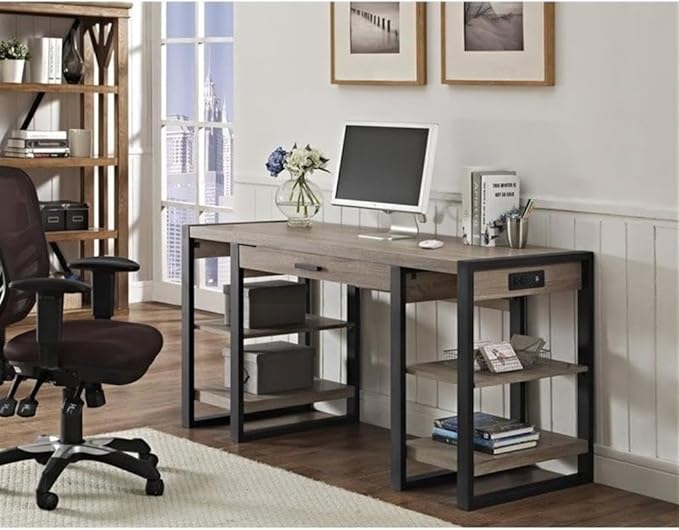 Scranton &amp Co 60 Work from Home Office Laptop Computer Desk with Storage in Driftwood and Black