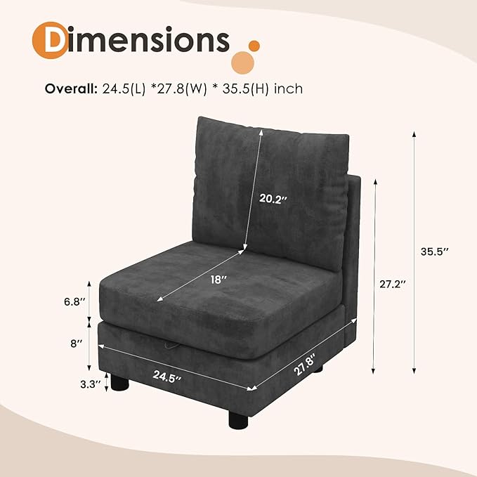 YOUDENOVA Middle Seat Module with Storage for Modular Sectional Sofa Accent Armless Chair Free Combination Dark Grey