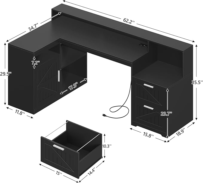 TVU Farmhouse L Shaped Desk with Drawers 62.2 Home Office Desk with Storage Shelves and Power Outlet L Shaped Computer Desk with Monitor Stand and Printer Shelf Black