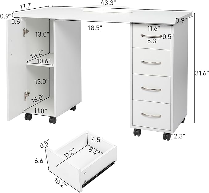 Mobile Computer Desk Rolling Office Table Rolling Computer Desk with Drawers and Door Home Office Desk Writing Table Executive Desk Student Desk with File Drawer for Bedroom White 110 x 45 x 80CM
