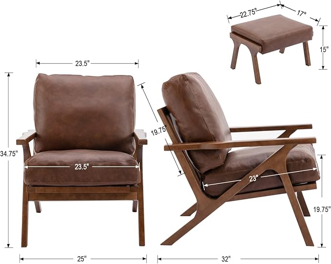 Mid Century Modern Accent Chair with Ottoman Farmhouse PU Upholstered Living Room Armchair and Ottoman Set 23 Seat Wide Retro Leisure Lounge Chair with Wood Frame for Home Bedroom Office Brown