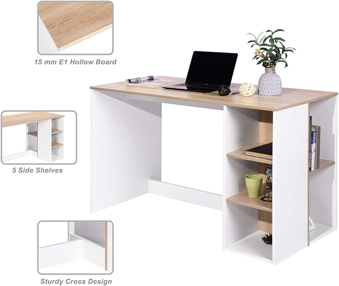 47.2 Computer Desk with 5 Storage Shelves Modern Study Writing Desk for Small Spaces Gaming Desk Multipurpose Student Learning Table Workstation for Home Office Easy Assembly (Oak White)