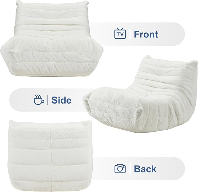 Bean Bag Chairs for Adults Giant Bean Bag Chair Memory Foam BeanBag Chair Bean Bag Sofa with Filler Faux Fur Fireside Beanbags Lazy Sofa for Living Room Bedroom Office (White Plush Single)