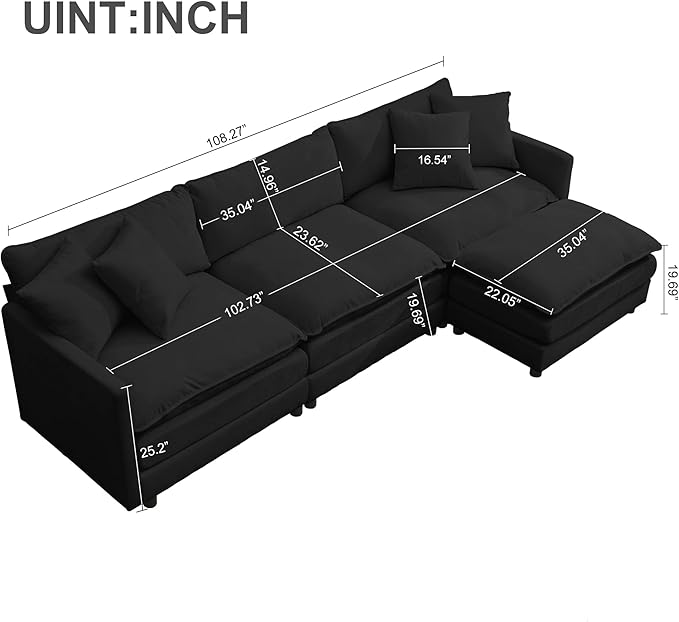 Oversized Modular Sectional SofaSofa Couch with Movable Ottoman Deep SeatSoft Chenille Corduroy Cloud Couches for Living Room ApartmentOffice (Black 3+1 L)